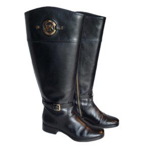 Michael Kors Stockyard Black Leather Boots Size 6.5 Wide Shaft 16" inches